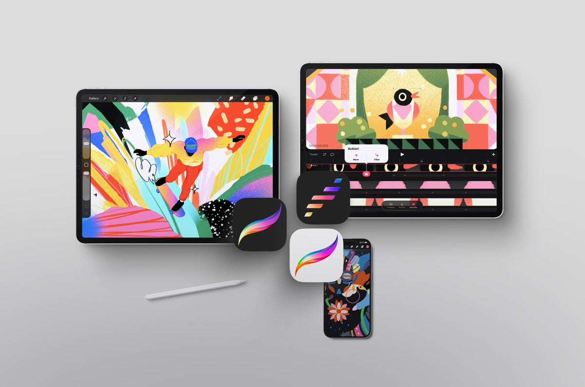 Two iPads and an iPhone on a white background; Procreate, Procreate Dreams, and Procreate Pocket on the screens.