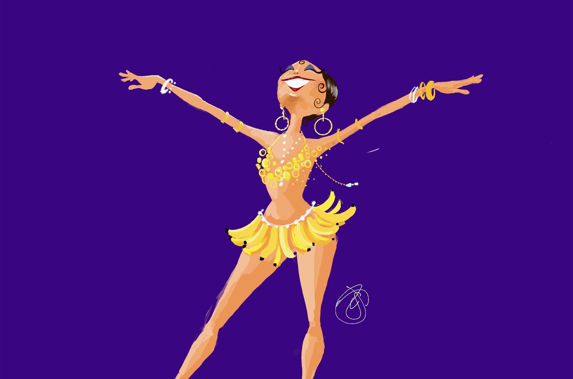 Colorful digital illustration of a joyful dancer wearing a banana skirt and gold jewelry against a purple background.