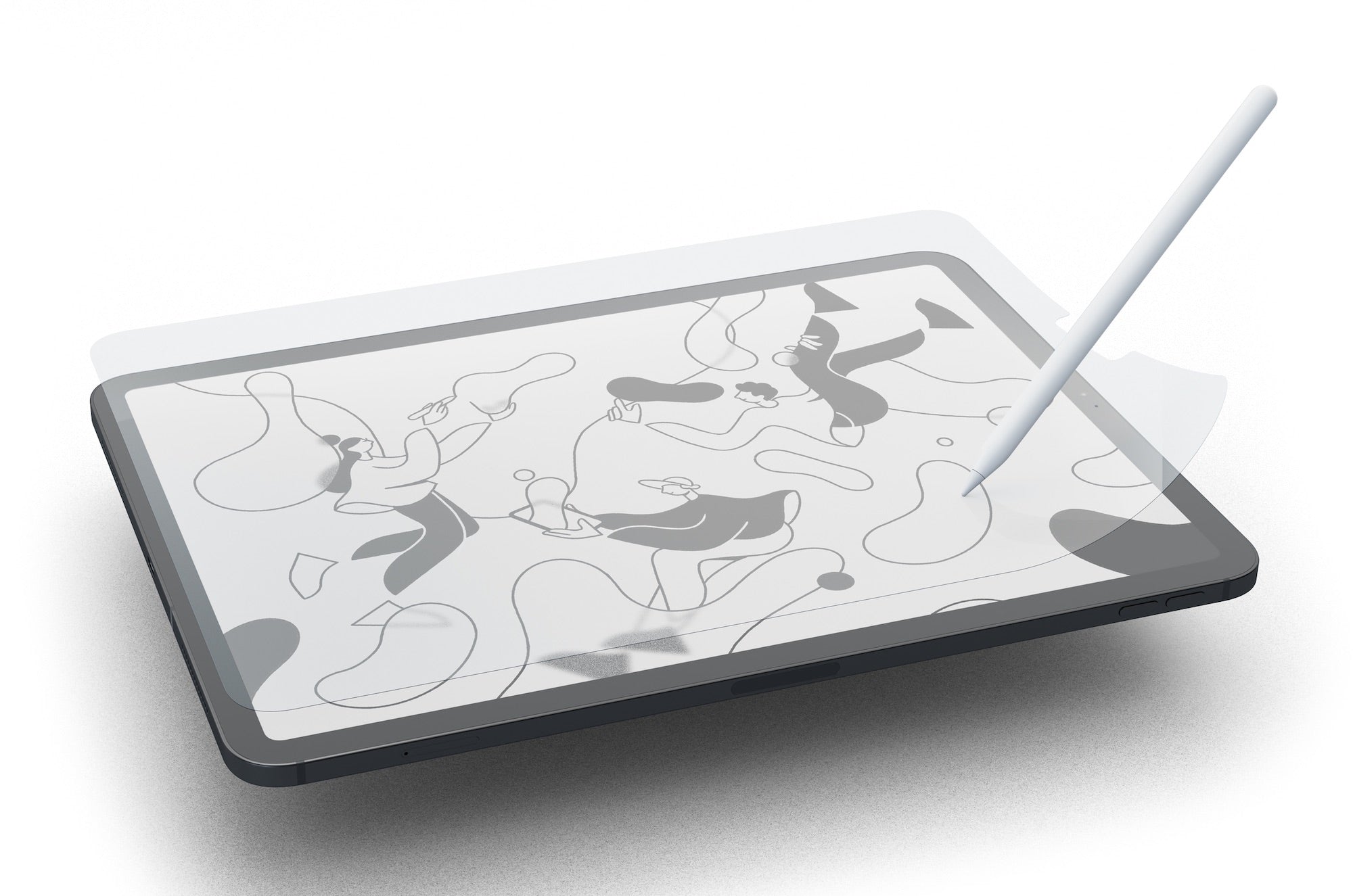 iPad with an Apple Pencil and a Paperlike™ Screen Protector applied, showing abstract line art on the display.