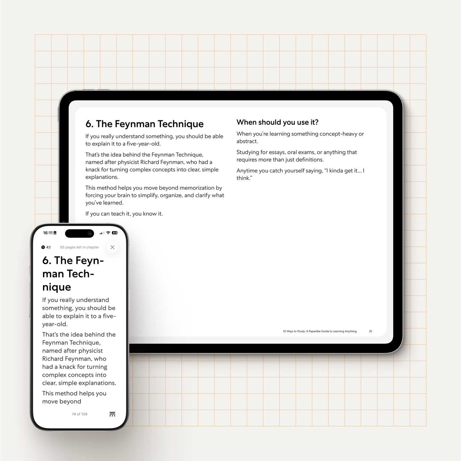 A smartphone and tablet lie on a grid-patterned surface, both displaying a page from the "10 Ways to Study" eBook focused on “6. The Feynman Technique.” The text explains how simplifying a concept enough to teach it to a five-year-old deepens understanding. The tablet shows a two-column layout with the explanation on the left and guidance on when to use the technique on the right. The smartphone shows the same content in a vertically-scrolled format. The design emphasizes clarity and accessibility across de