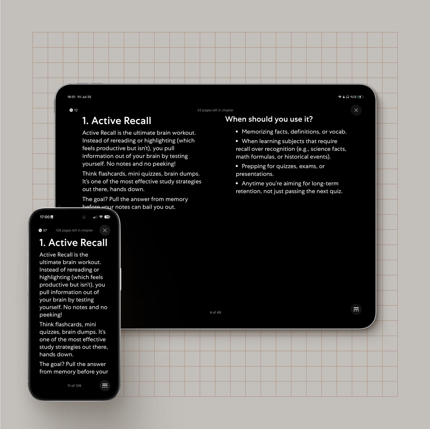 A smartphone and tablet are displayed on a light grid-patterned surface, both showing a dark mode view of the "10 Ways to Study" eBook. The content focuses on “1. Active Recall,” describing it as a powerful method for pulling information from memory rather than rereading notes. The tablet shows a full two-column layout with usage tips on the right, while the smartphone presents a vertically-scrolled version of the same content. The sleek dark theme emphasizes readability and modern design.