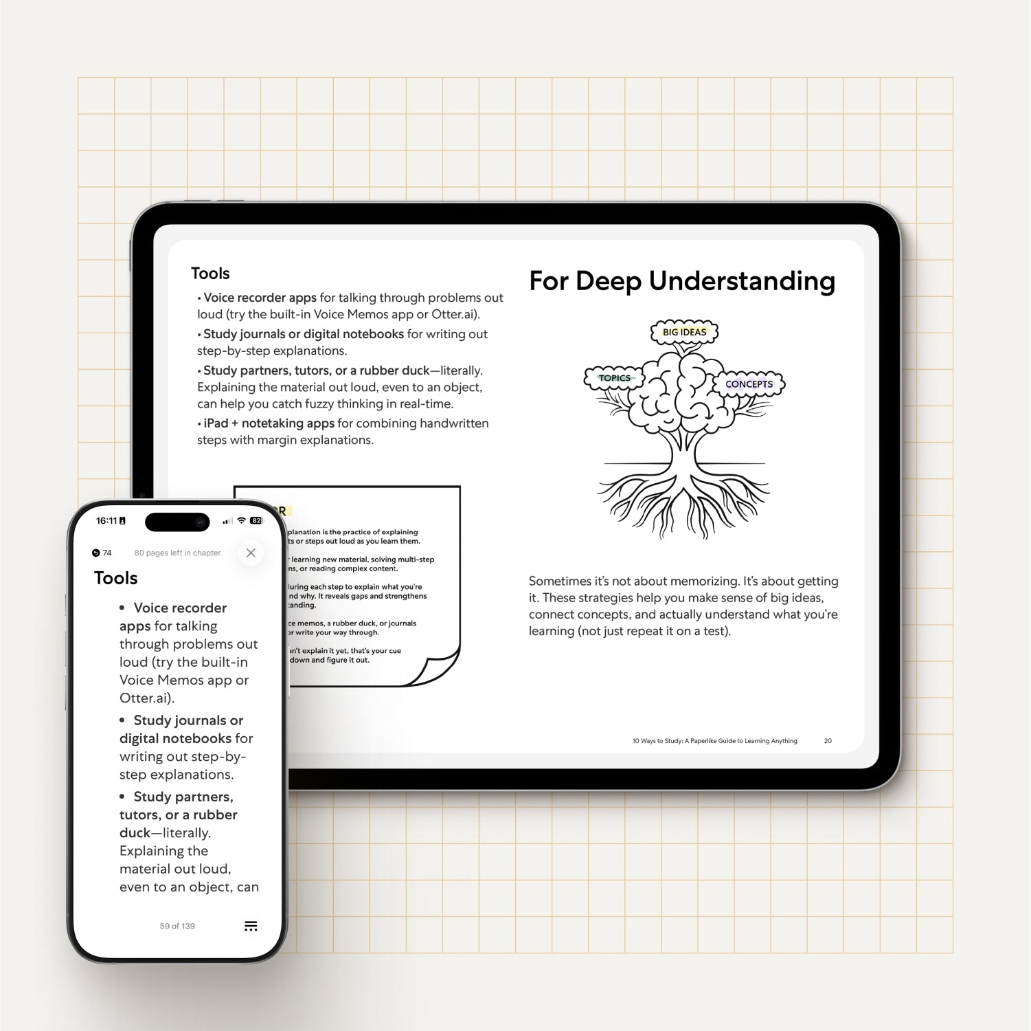 A tablet and smartphone are displayed side-by-side on a light background with a subtle grid pattern, both showing a section from the "10 Ways to Study" eBook. The tablet features a page titled “For Deep Understanding,” with a tree illustration representing how big ideas branch into topics and concepts. The left side lists tools like voice recorder apps, study journals, and using a “rubber duck” to talk through problems. The smartphone shows the same content in a scrolling format. The layout highlights pract