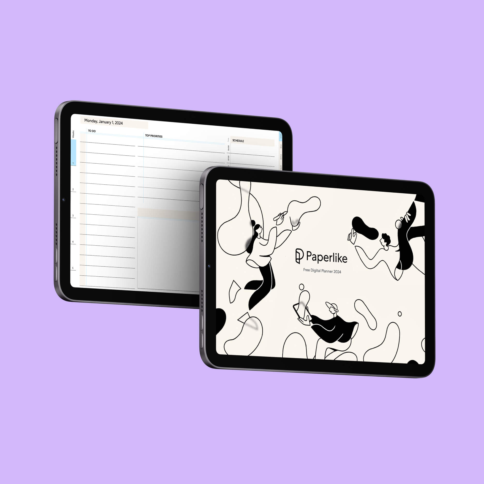 2 iPads with light mode digital planner on display on a purple background