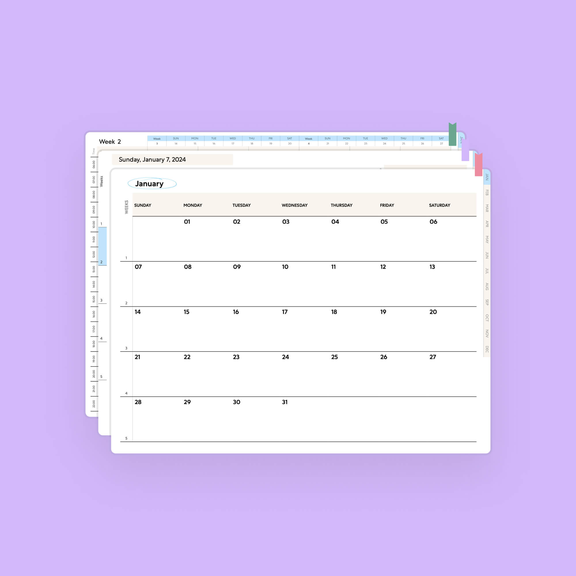 digital planner in light mode showing examples of by month, by week, by day on a purple background