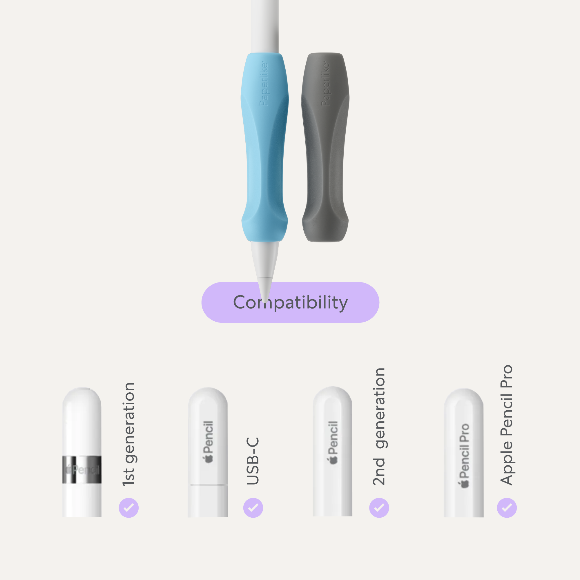 An Image of the Pencil grips with parts of different versions of the Apple Pencil to show the Pencil Grip's compatability including 1st gen, USB-C, 2nd gen and Apple Pencil Pro