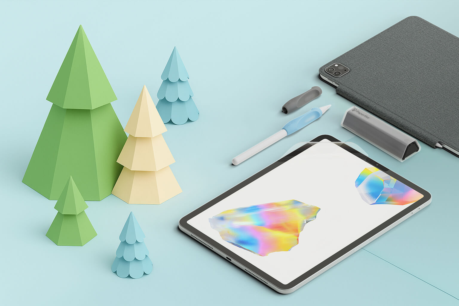 Paperlike 3 - floating iPad with Apple Pencil on dreamy paper.