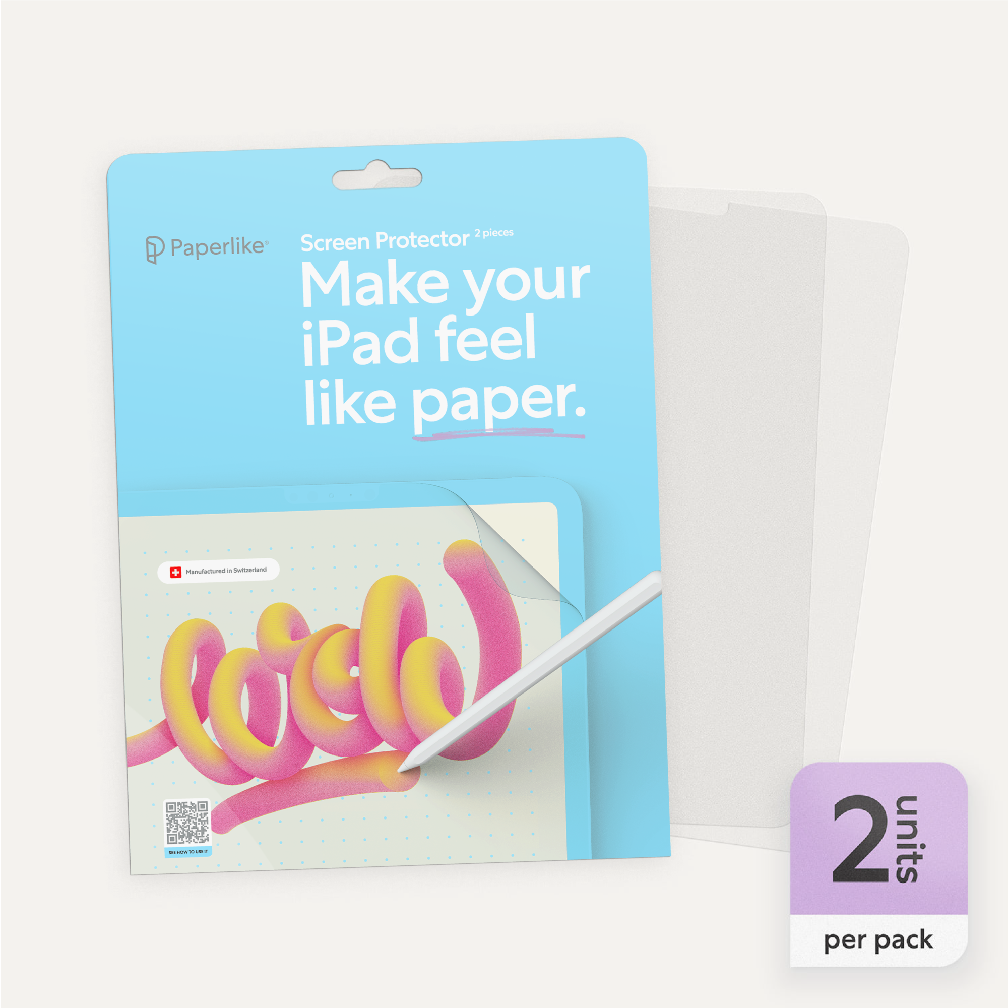 Paperlike paper-feel screen protector, 2-units per pack for increased precision and accuracy when using your Apple Pencil.