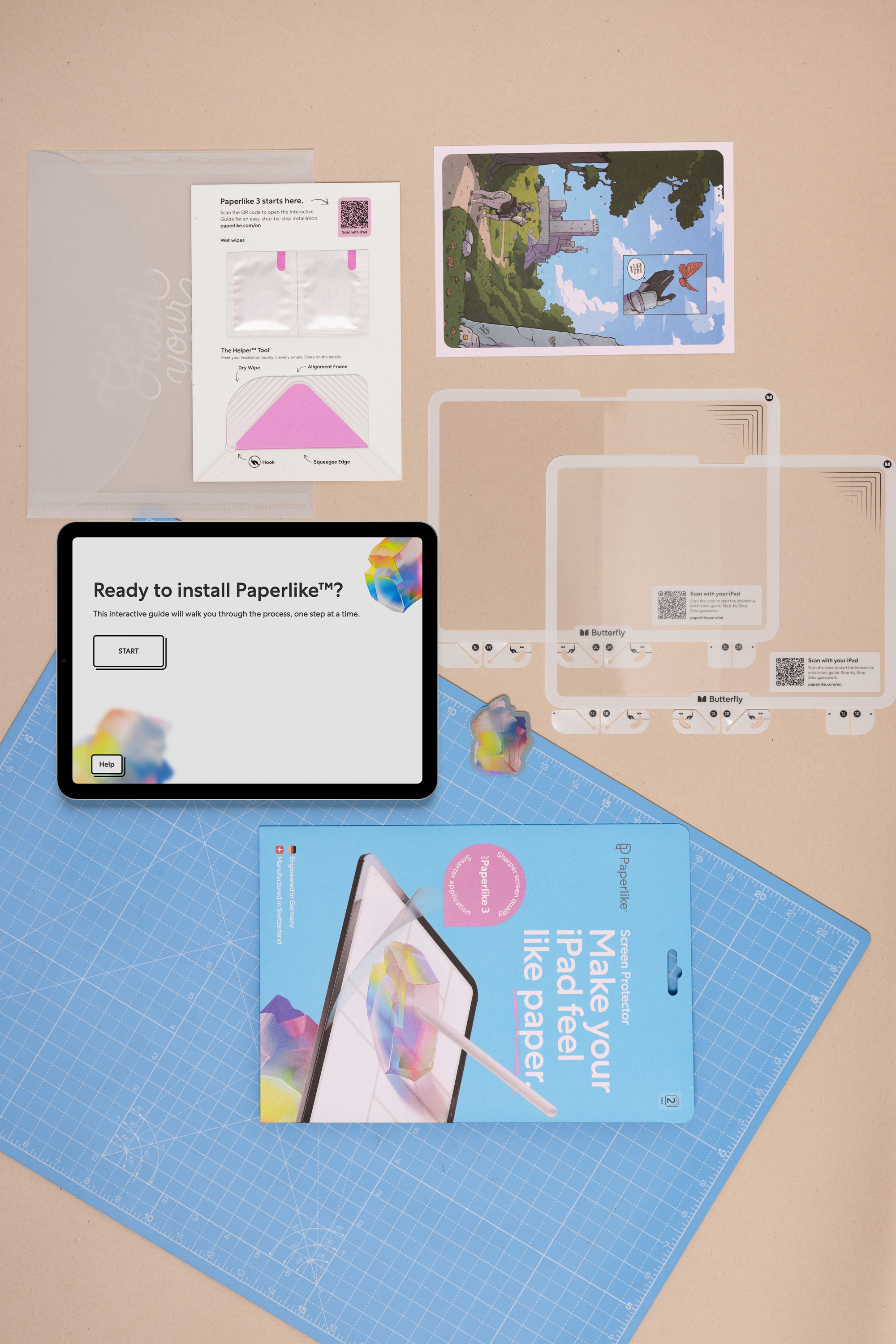 Unpacked Paperlike 3 with two screen protectors, application kit, card, installation guide, and more.