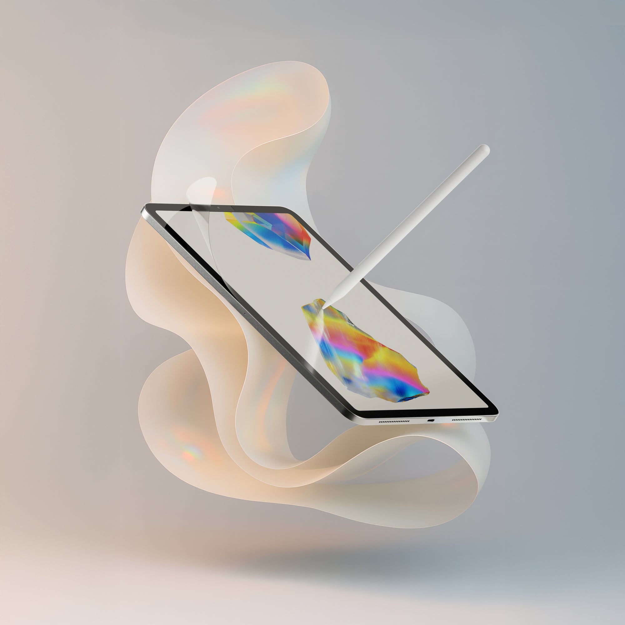 Paperlike 3 - floating iPad with Apple Pencil on dreamy paper.