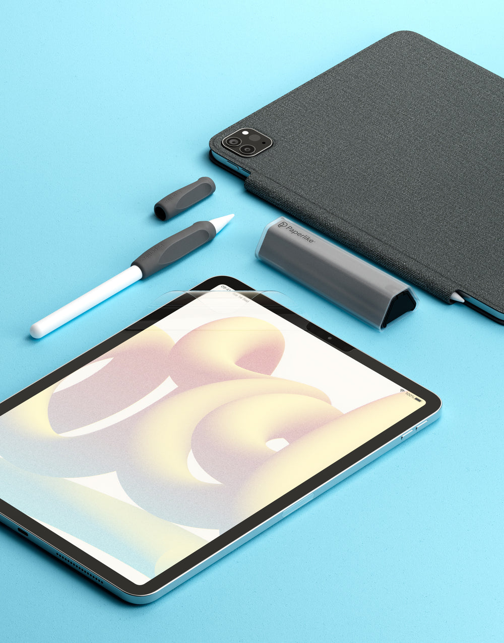 An image featuring the full suite of Paperlike products, including Paperlike’s iPad Screen Protector, Paperlike’s Folio Case, Paperlike’s Cleaning Kit, and Paperlike’s Pencil Grips.