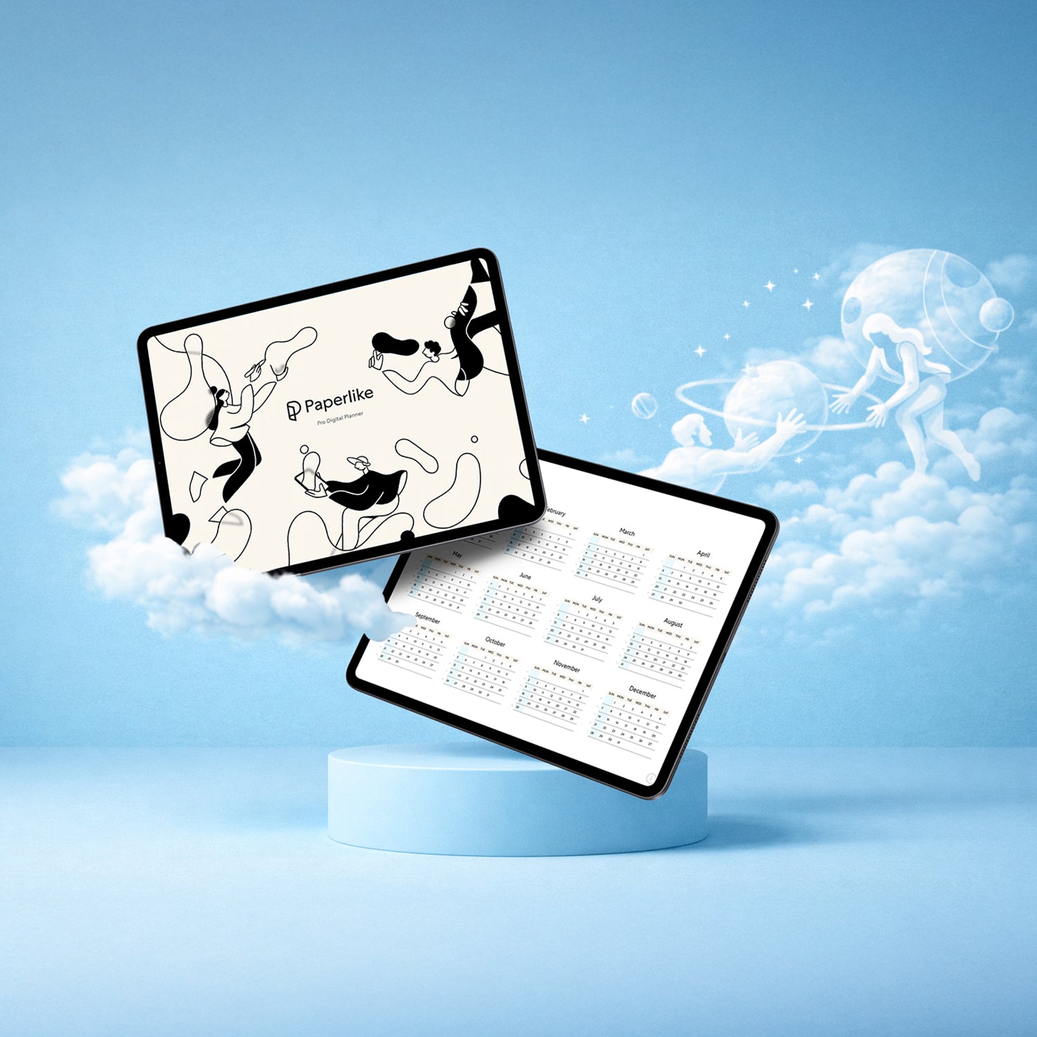 Paperlike 3 - floating iPad with Apple Pencil on dreamy paper.