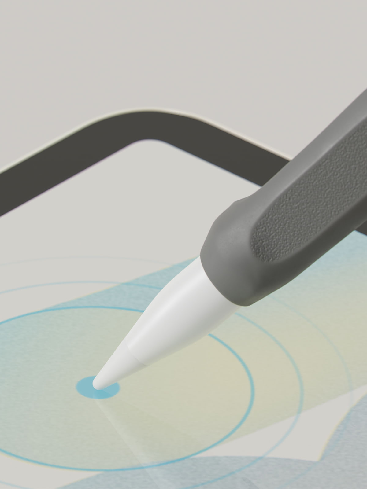 A close-up of an Apple Pencil touching a screen.  Paperlike’s Pencil Grips are attached to the Apple Pencil.