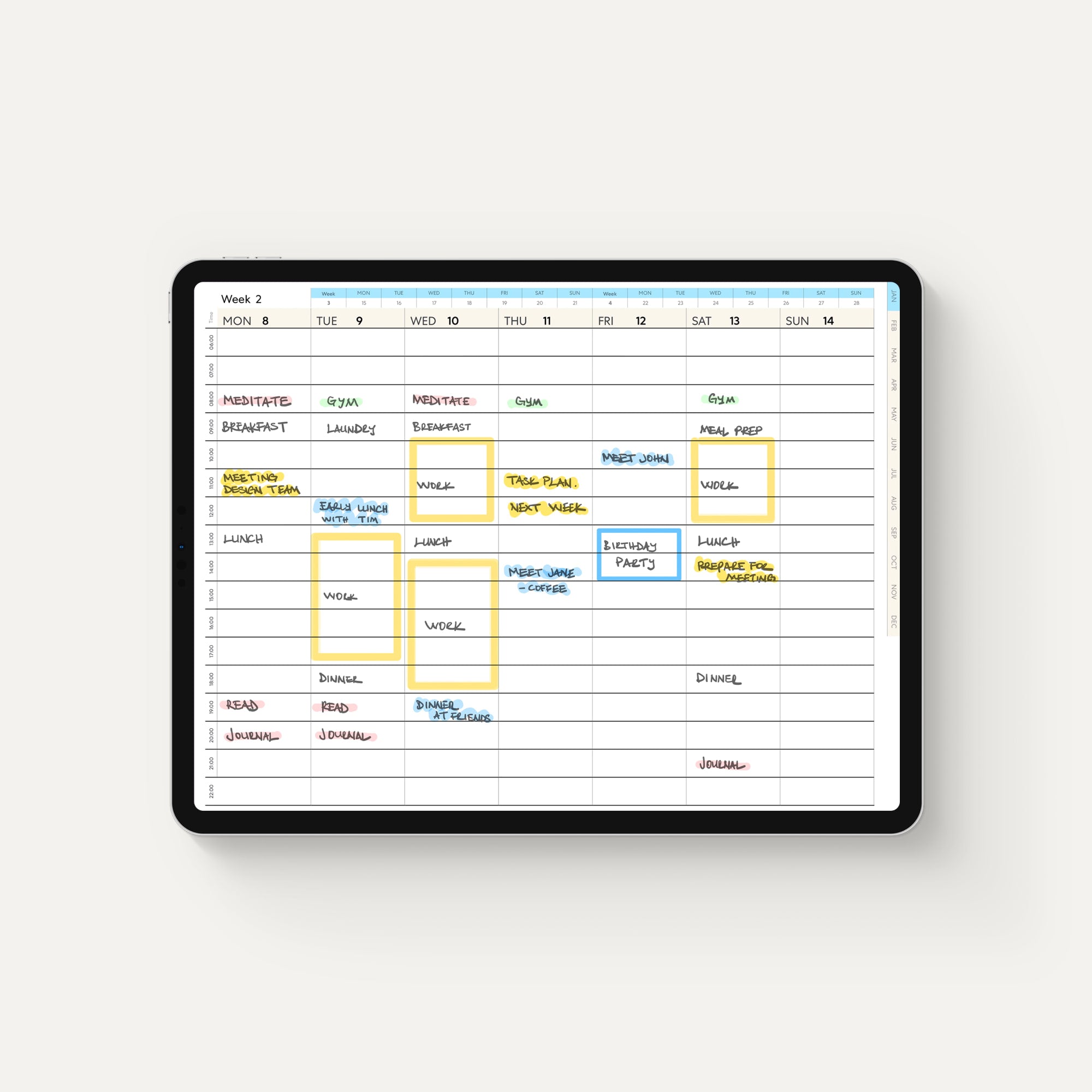 Display of digital planner as a full calendar year by month