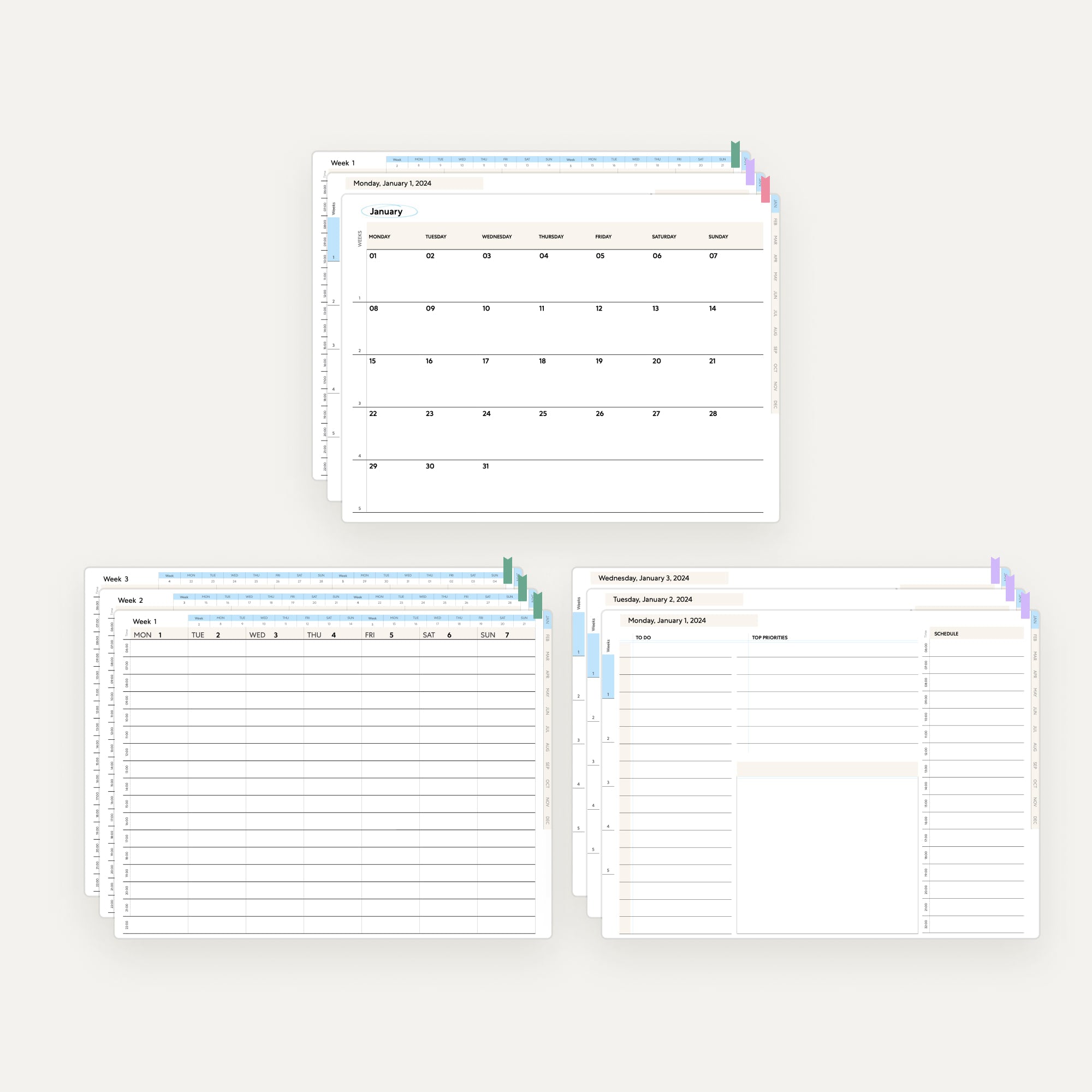 Light mode displays of daily, weekly or monthly planner options
