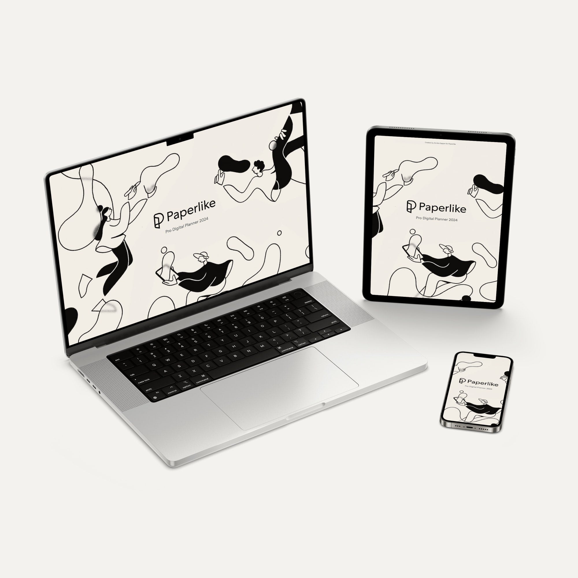 Paperlike logos and branding displayed on laptop, iPad and mobile phone