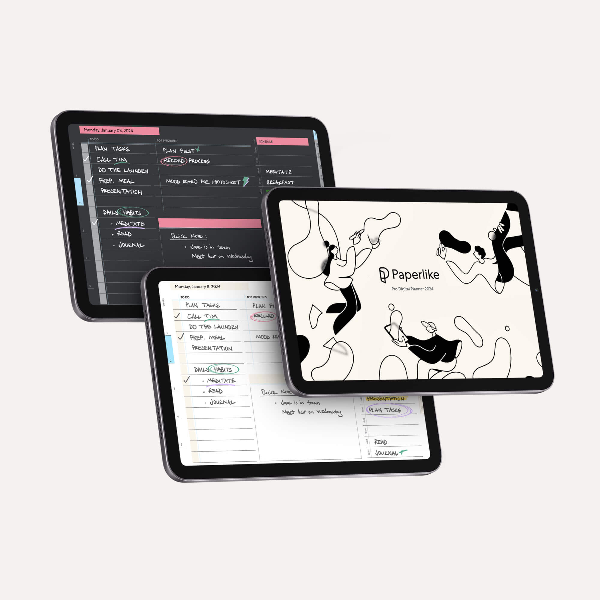 3 iPads with light mode and dark mode of the digital planner